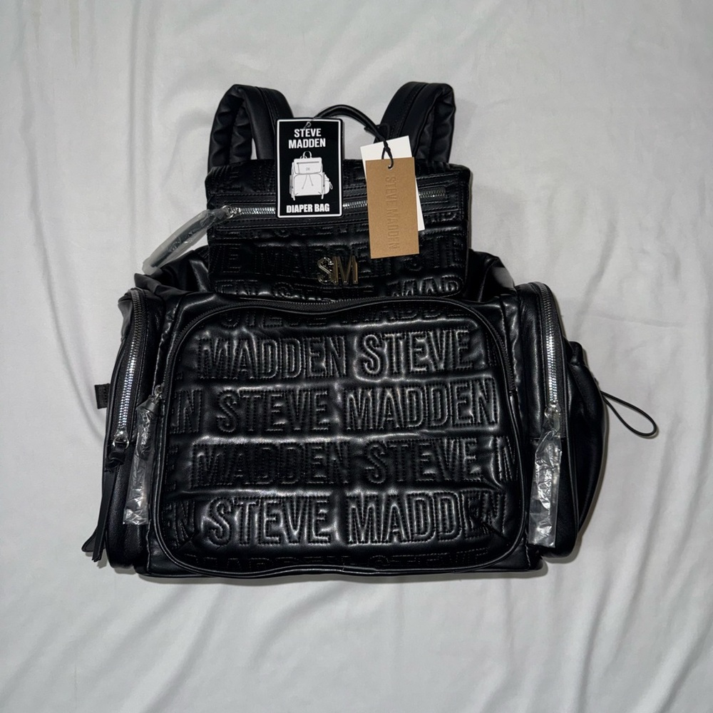 Steve Madden Black Quilted Logo Diaper Backpack